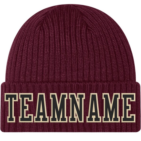 Custom Burgundy Black-Cream Stitched Cuffed Knit Hat