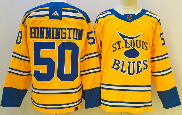 Men's St. Louis Blues #50 Jordan Binnington Yellow Reverse Retro 2.0 Stitched Jersey